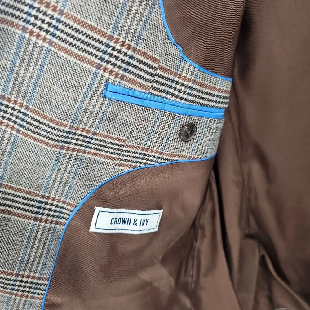 Crown & Ivy Brown Blue Plaid Cotton Two Button Elbow Patch Blazer Jacket Men 46R